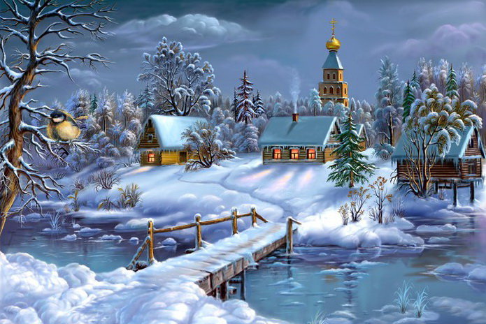 Зимний городок - зима, пейзаж, дом - оригинал