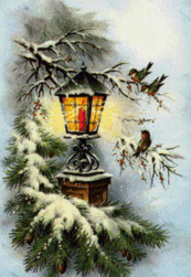 новогодний фонарь - снег, фонарь.свет, праздник, снегири, рождество, зима, елка, новый год - предпросмотр