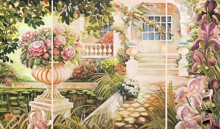 "Дом моей мечты" - сад, триптих, пейзаж, цветы, живопись, дом - оригинал