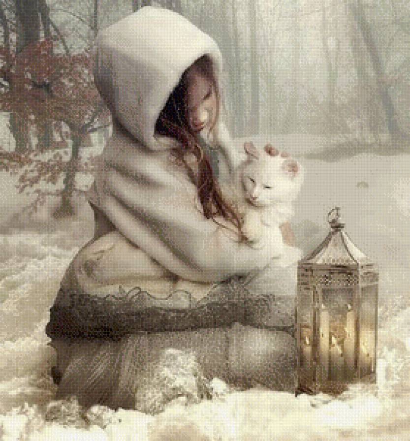 девочка с котёнком 1 - праздник, снег, зима, рождество, мальчик, котенок, дети, новый год - предпросмотр