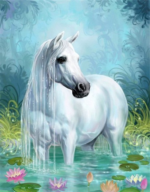 белый конь и лотосы - животные, конь, цветы, лошадь, единороги - оригинал