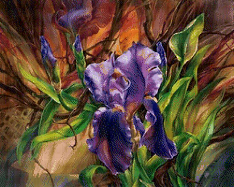 голубой ирис вышивка - природа, ирис, веточка, цветок, букет - предпросмотр