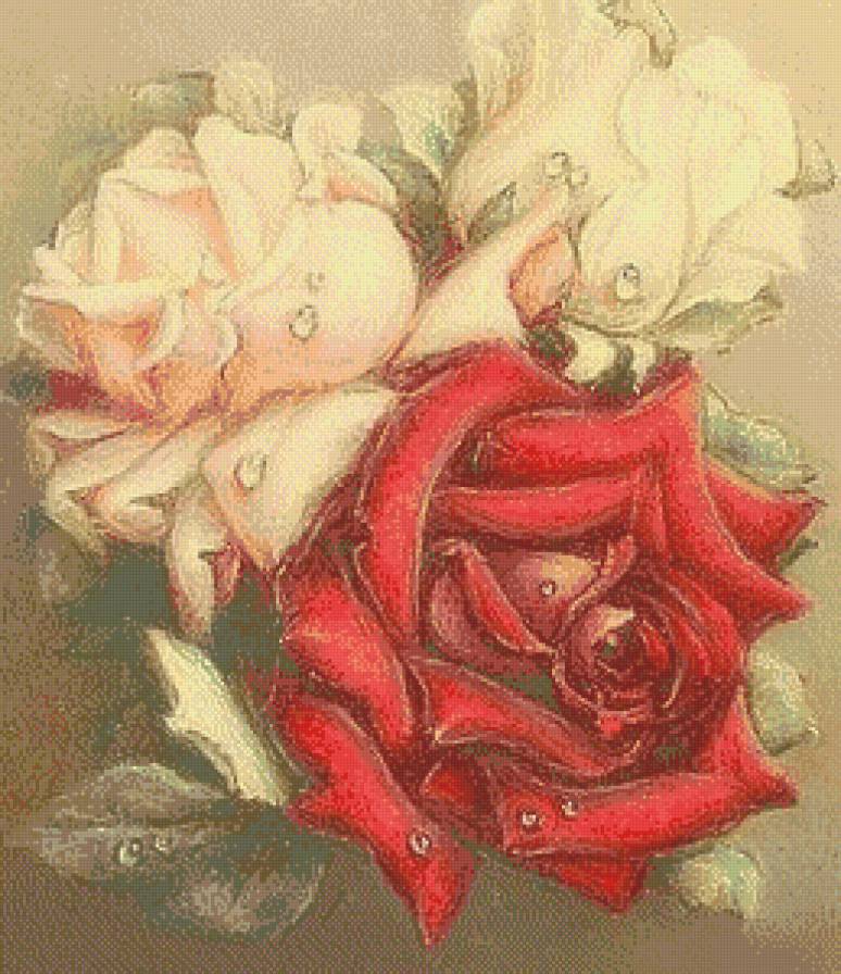 Розы в росе (большая) - роса, живопись, цветы, розы - предпросмотр