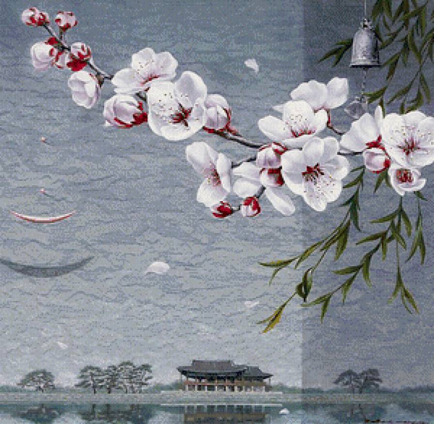 Весенний пейзаж - картина, ветка, цветы, восток - предпросмотр