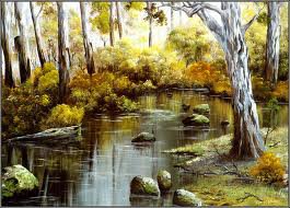 речка в лесу - живопись, пейзаж, лес, природа, речка - оригинал