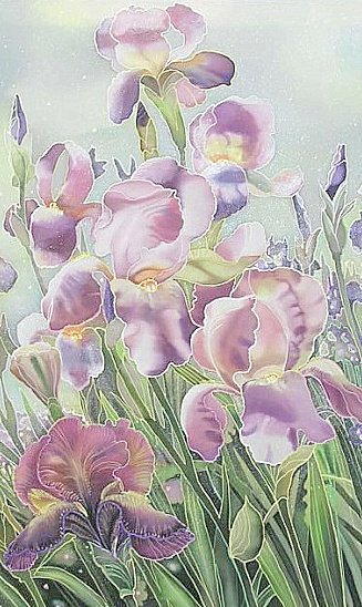 Акварельные ирисы (Батик Н.Соколовой) - батик, цветы, ирисы, акварель, живопись - оригинал