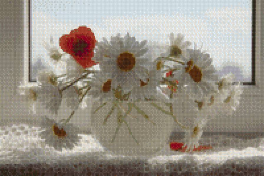 Нежный букет - цветы, букет, маки, ромашки, ваза - предпросмотр