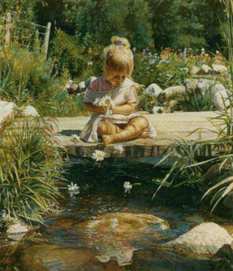 девочка на берегу - девочка, мальчик, ромашки, берег, лето, лес, река, мостик, дети - предпросмотр