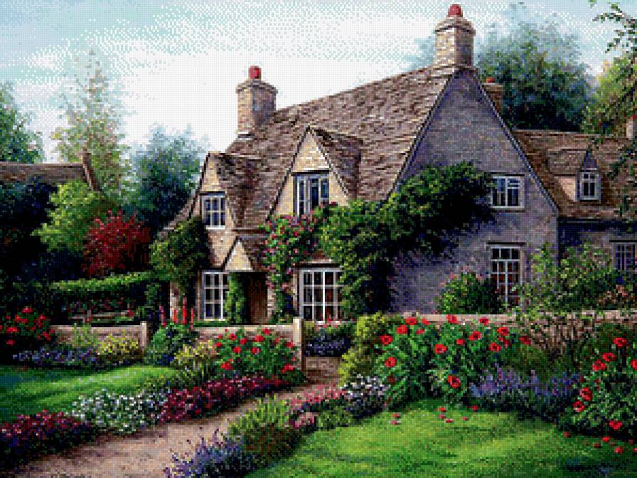 Домик, утопающий в цветах - цветы, сад, домик, пейзаж - предпросмотр