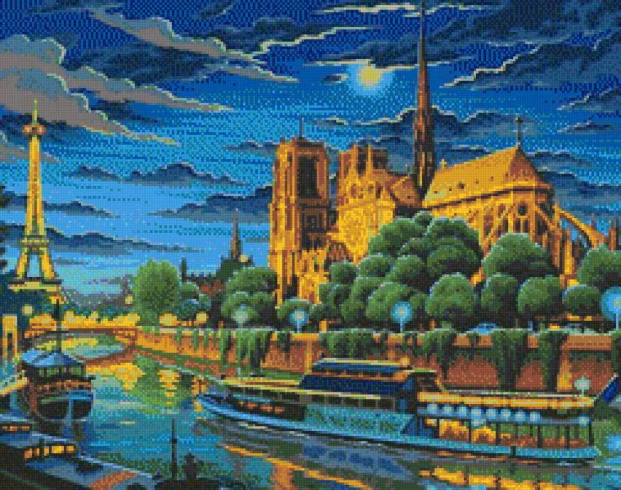 Ночной Париж - города, река, пейзаж, живопись, ночь - предпросмотр