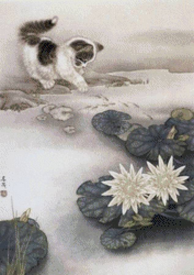 котёнок и лотос - детские, животные, цветы, кот.котенок, одуванчики - предпросмотр