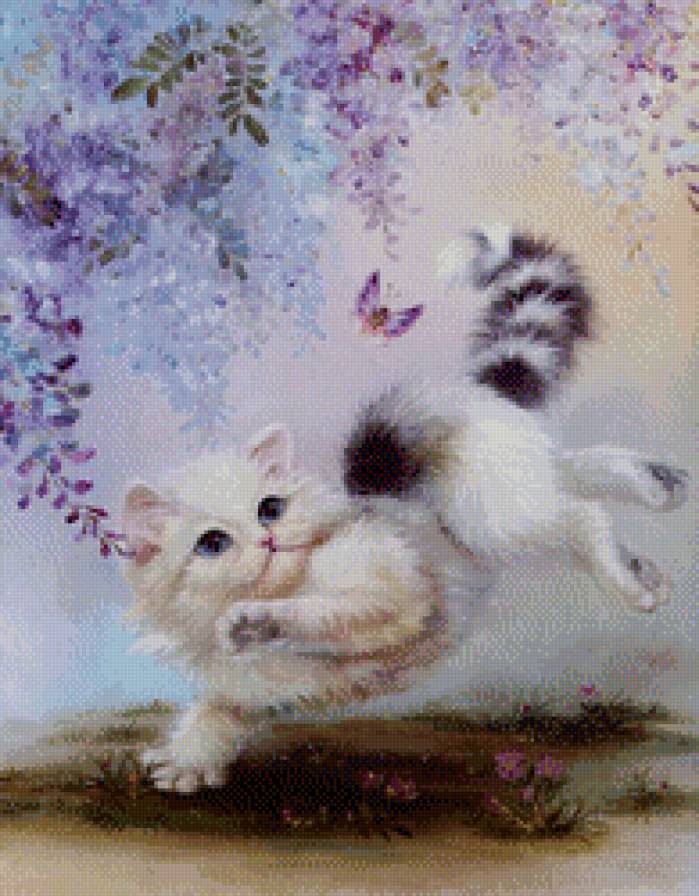 котёнок и бабочка 2 - кот, бабочка, домашние любимцы, кузнечик, природа, живопись, котенок - предпросмотр