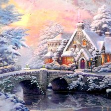 зимний домик с мостиком