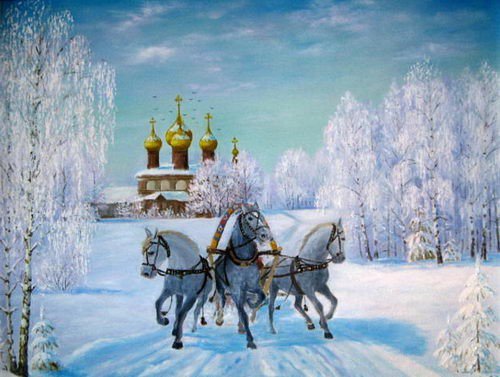 русская тройка - деревья, природа, храм, кони, зима - оригинал
