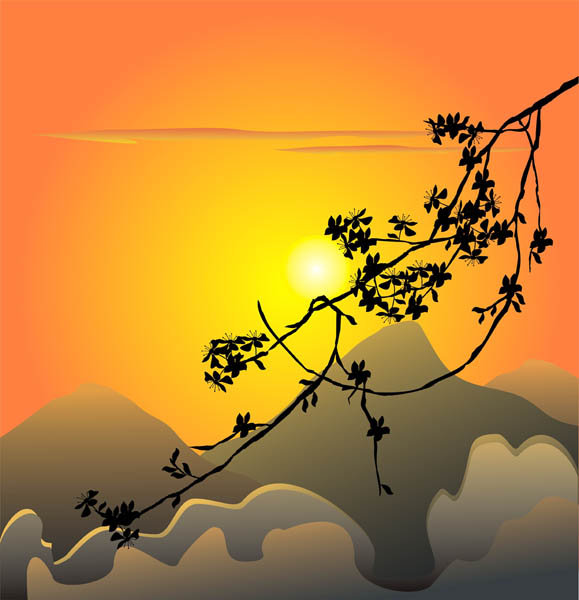 пейзаж - солнце, ветка, рассвет, горы, закат, природа - оригинал