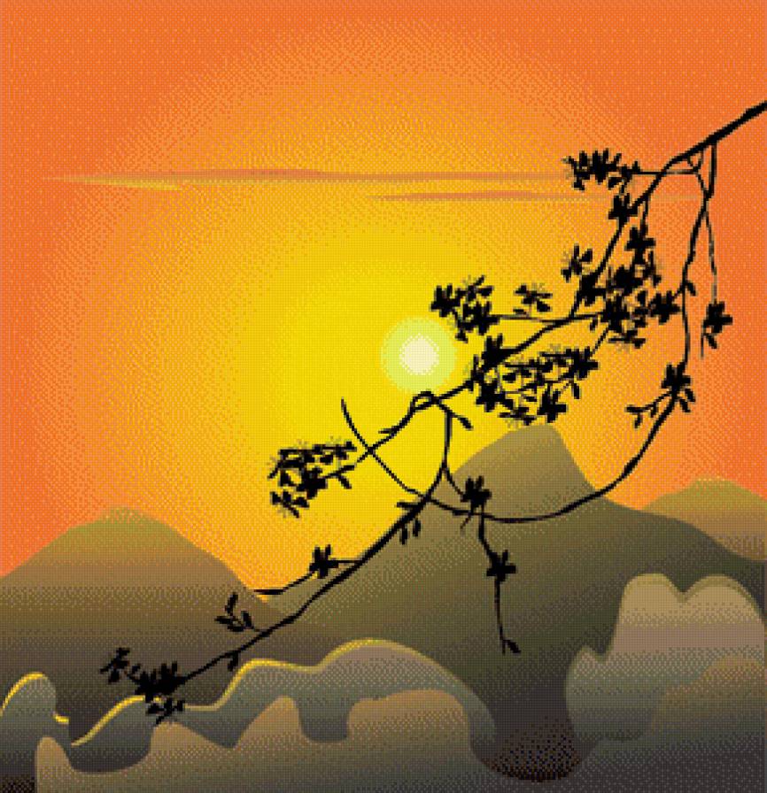 пейзаж - закат, горы, рассвет, солнце, ветка, природа - предпросмотр