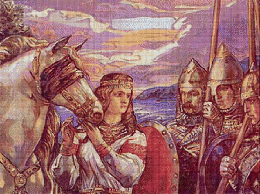 Русь Великая... "Конь Судьбы" (живопись) - женщина, воины, животные, история, люди, лошади, девушка - предпросмотр