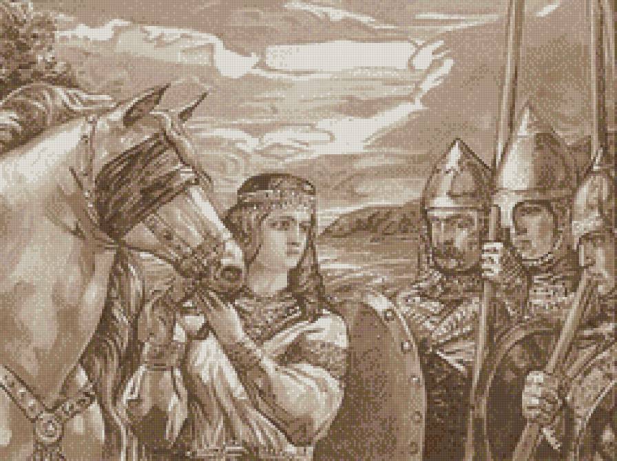 Русь Великая ... Конь судьбы (живопись) - история, воины, монохром, люди, сепия, картины, живопись, лоша, животные - предпросмотр