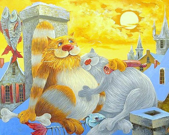 Чтоб мы так жили... - животные, кошки, пара, юмор - оригинал