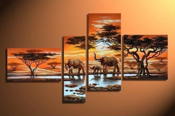 Полиптих со слонами - слоны, пейзаж, животные - оригинал