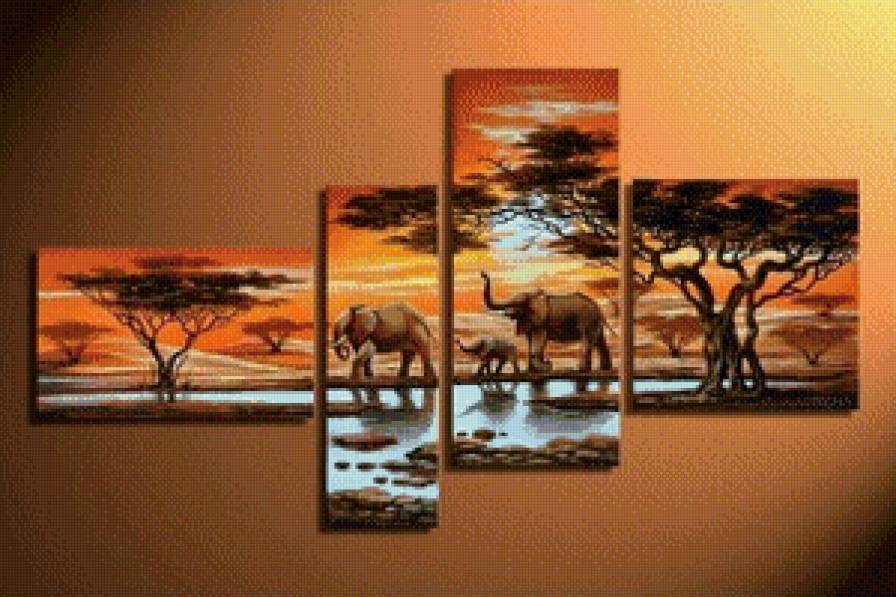 Полиптих со слонами - пейзаж, животные, слоны - предпросмотр