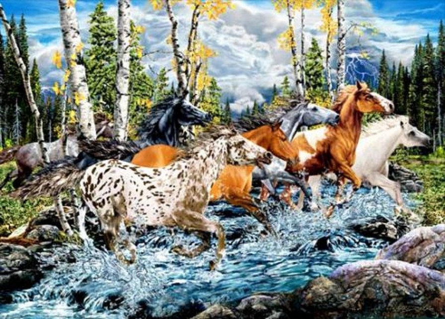 Переправа - пейзаж, кони, река, животные, лошади - оригинал