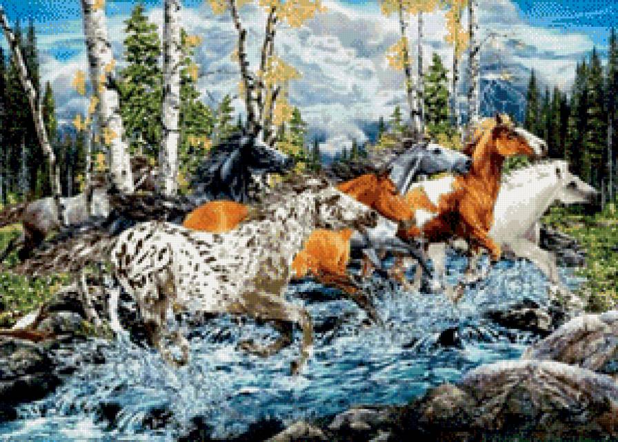 Переправа - пейзаж, животные, лошади, кони, река - предпросмотр