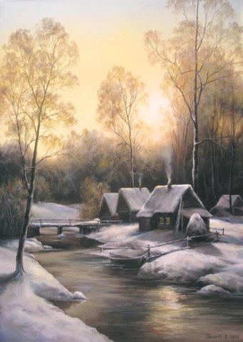 Зима - домик, мост, зима, пейзаж, река - оригинал