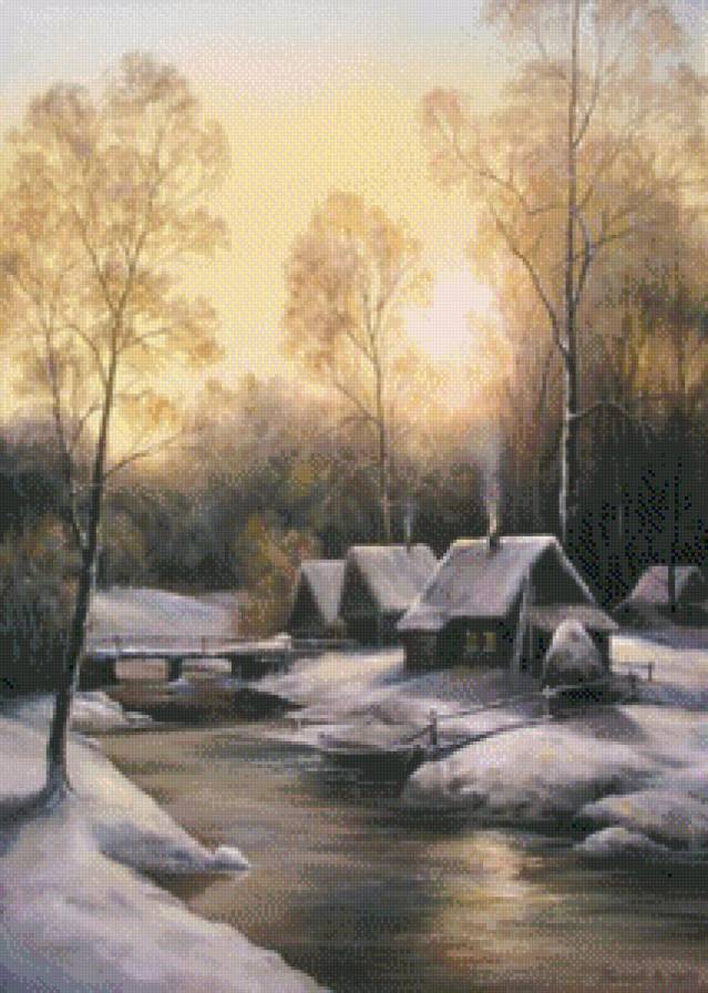 Зима - река, домик, зима, пейзаж, мост - предпросмотр