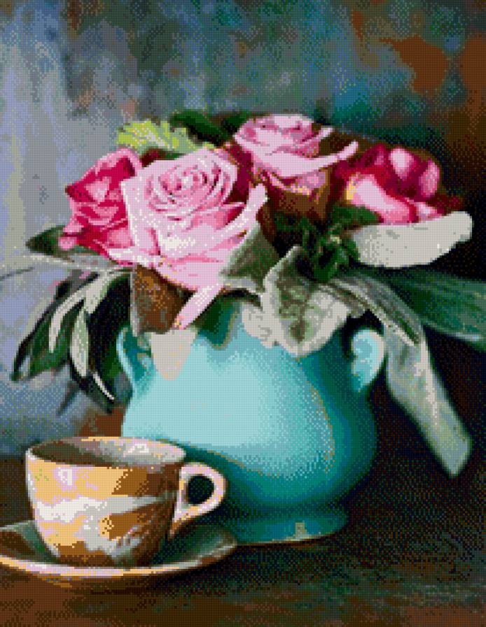 Композиция с цветами - цветы, ваза, чашка - предпросмотр