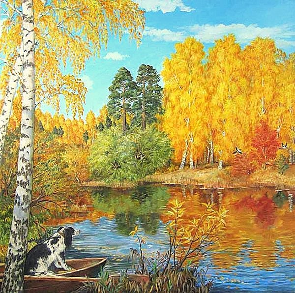 Осень (живопись) - животные, осень, картины, собаки, живопись, пейзаж, река, лес - оригинал