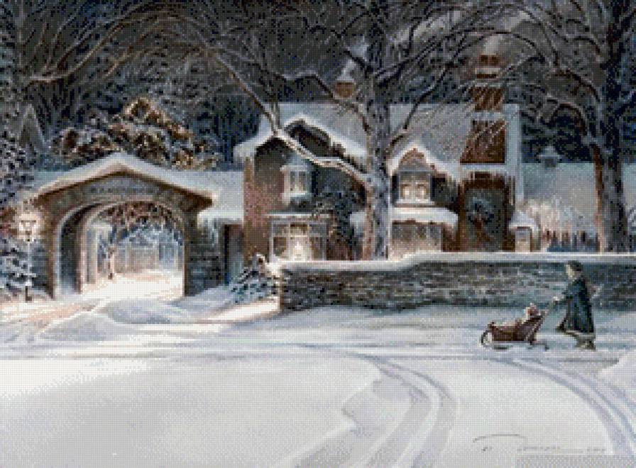 Зимнее настроение 3 - домик, зима, люди, снег, пейзаж - предпросмотр