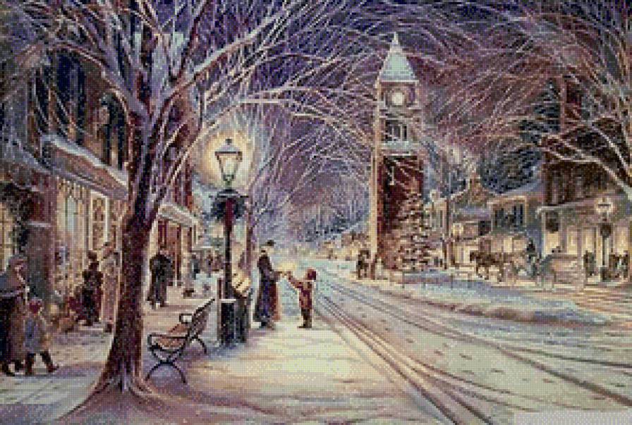 Зимнее настроение 4 - фонарь, люди, пейзаж, домик, зима - предпросмотр