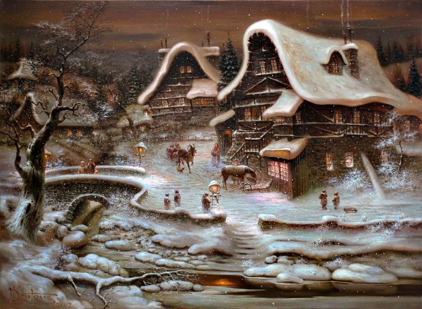 Серия "Зимний пейзаж" - пейзаж, мостик, домик, люди, река - оригинал