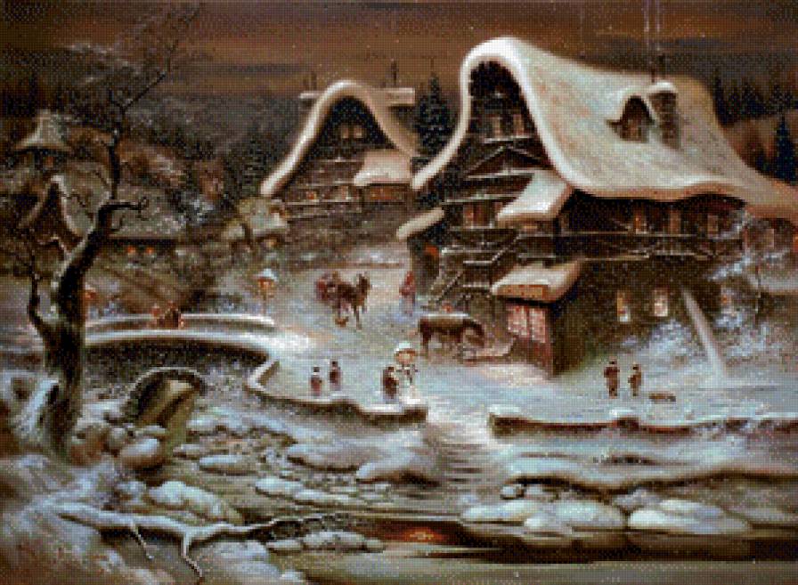 Серия "Зимний пейзаж" - люди, домик, река, мостик, пейзаж - предпросмотр