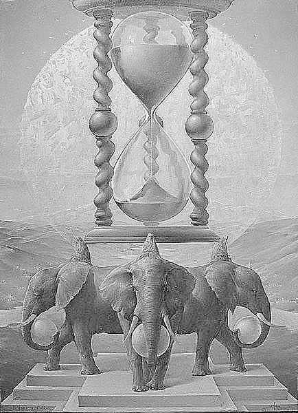 На трех слонах - луна, фэнтези, слоны, животные, монохром, часы - оригинал