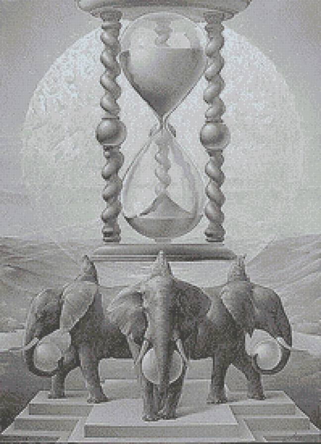 На трех слонах - монохром, слоны, часы, животные, луна, фэнтези - предпросмотр