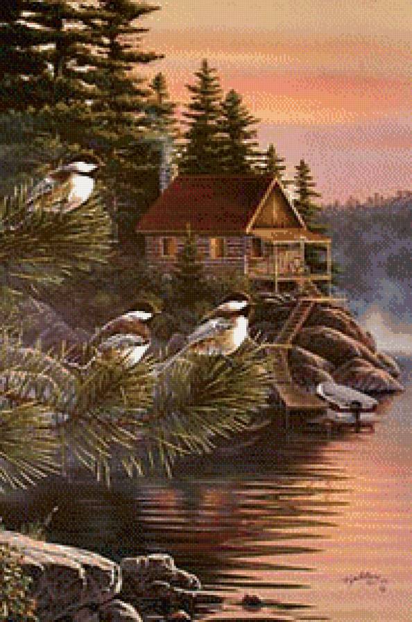 Птицы на озере - птицы, озеро, домик, синицы, пейзаж - предпросмотр