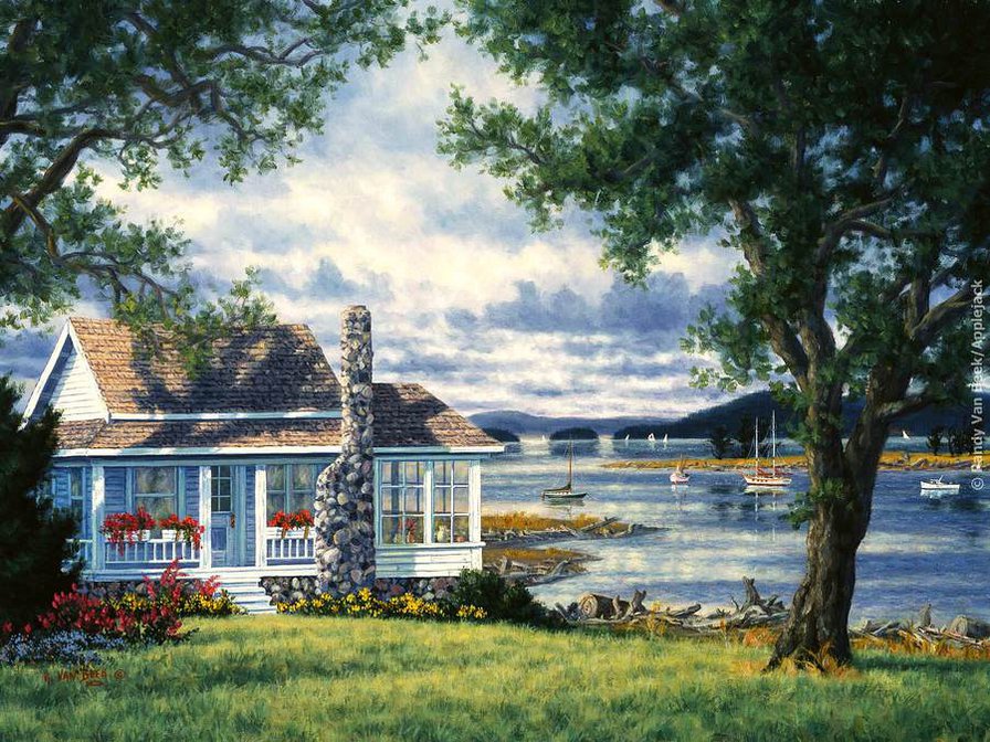 На берегу моря - пейзаж, море, домик - оригинал