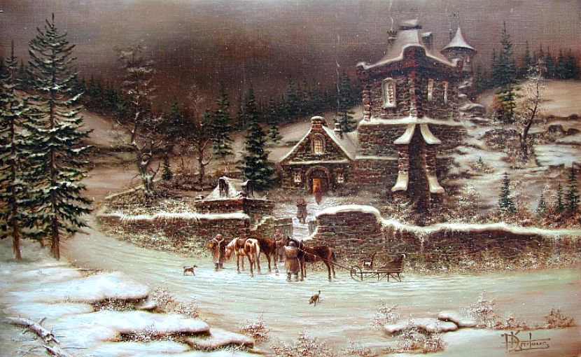 Серия "Зимний пейзаж" - домик, пейзаж, животные, зима, люди, лошади - оригинал