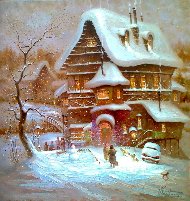 Серия "Зимний пейзаж" - люди, пейзаж, домик, зима - оригинал