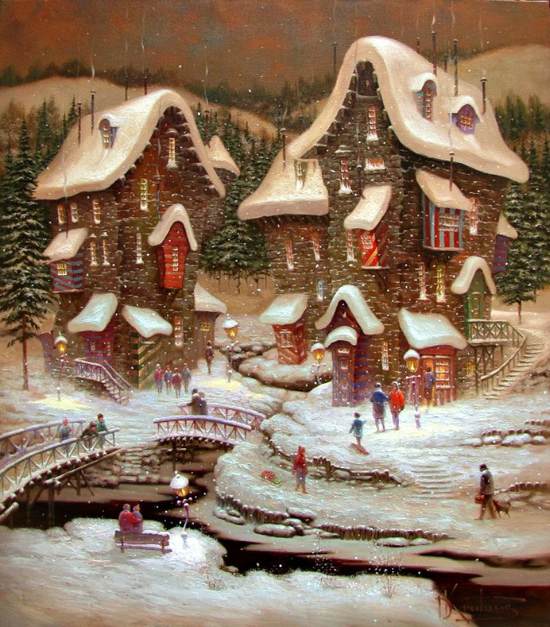 Серия "Зимний пейзаж" - люди, мост, домик, пейзаж, зима, река - оригинал