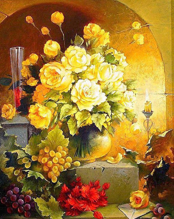 Розы и виноград - виноград, розы, цветы, живопись, натюрморт - оригинал
