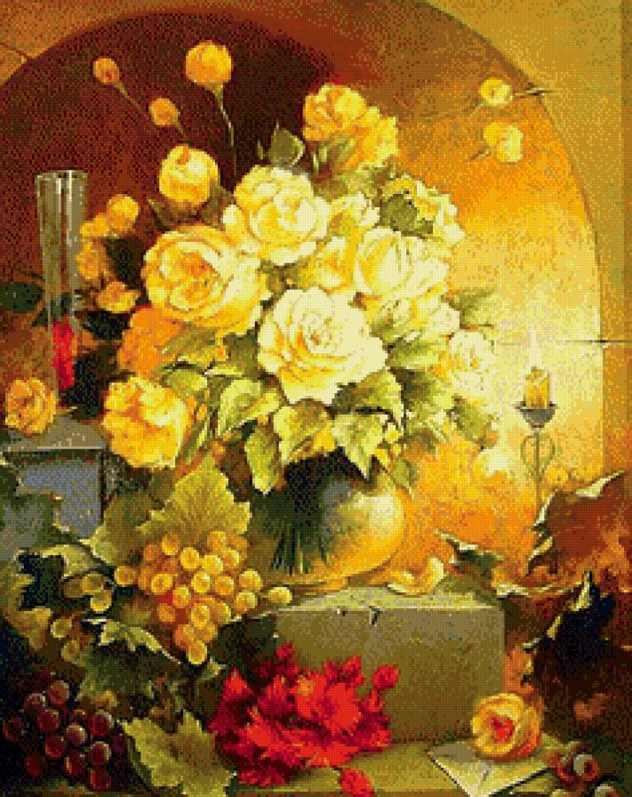 Розы и виноград - виноград, живопись, цветы, розы, натюрморт - предпросмотр