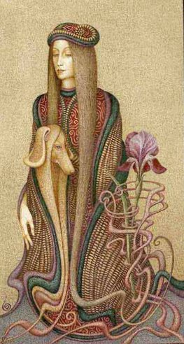 Дама с собакой и ирисом (Борис Индриков) - живопись, цветы, собаки, люди, дама, ирисы - оригинал