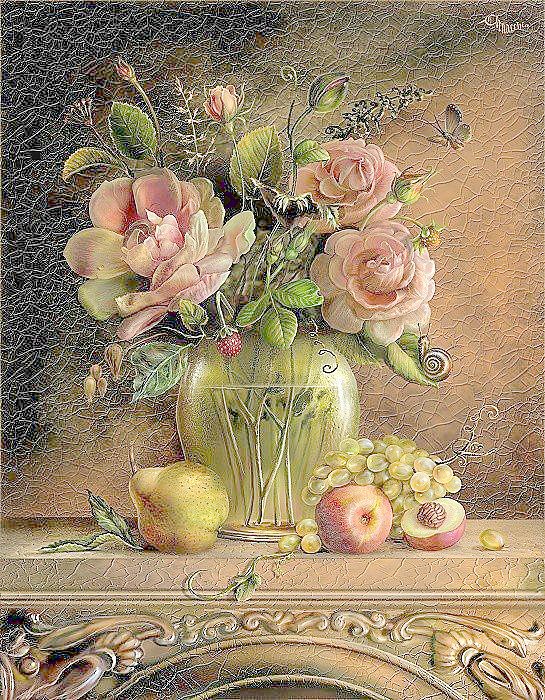 Натюрморт - фрукты, цветы, розы, натюрморт - оригинал