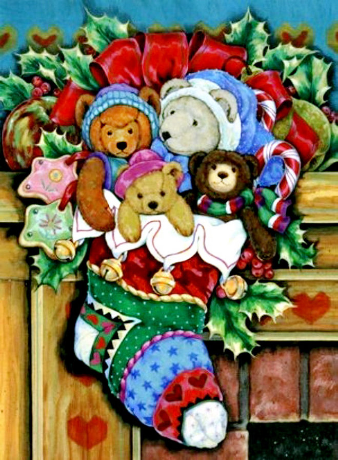 новогодняя - подарок, камин, мишка, носок, пряник, остролист, игрушки, бант, живопись - оригинал