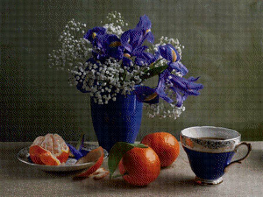 Натюрморт с мандаринками - фрукты, ваза, цветы, чашка, натюрморт - предпросмотр
