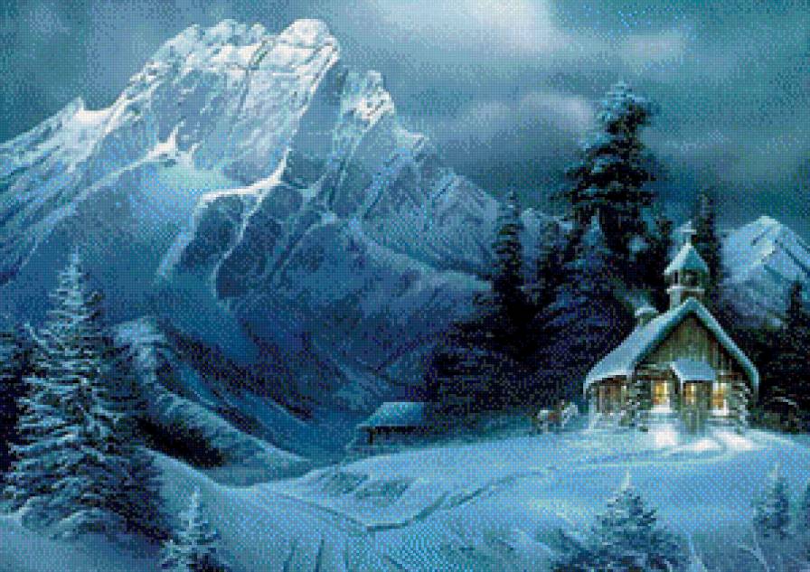 церковь в горах - церковь, храм, рождество, зима, горы, дом, дорога, лес - предпросмотр