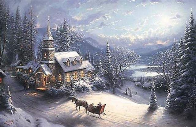 на рождественский молебен - рождество, зима, снег, новый год, городок, церковь, праздник, сани - оригинал